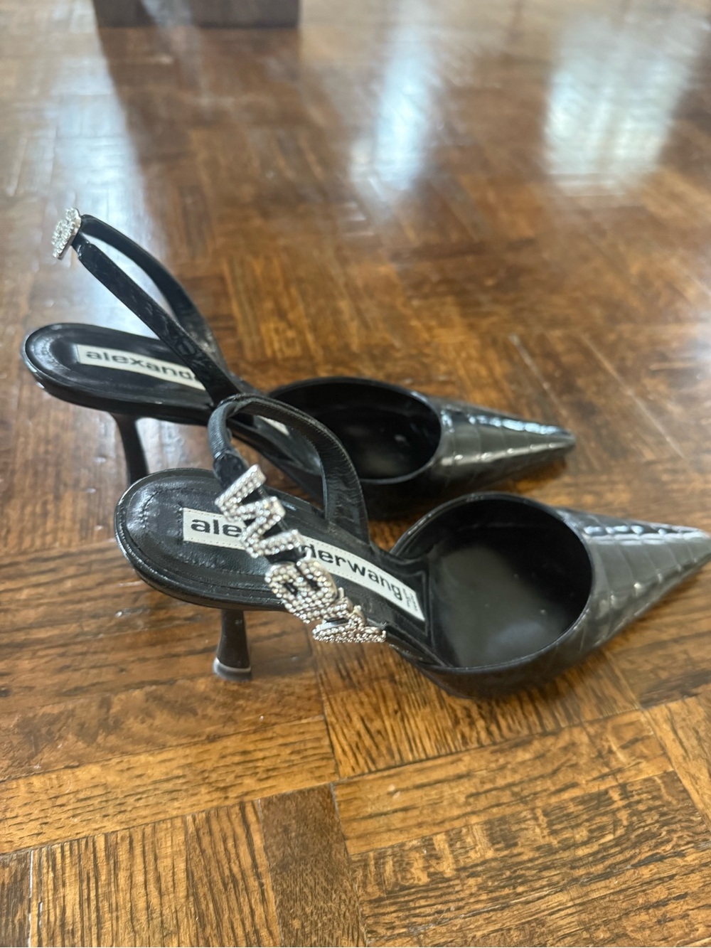 Alexander Wang Black Patent Croc-Embossed Slingback Heels with Crystal Strap - Picture 2 of 7